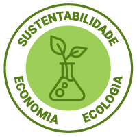 Selo verde com ilustração de tubo de ensaio e broto, representando sustentabilidade, economia e ecologia.